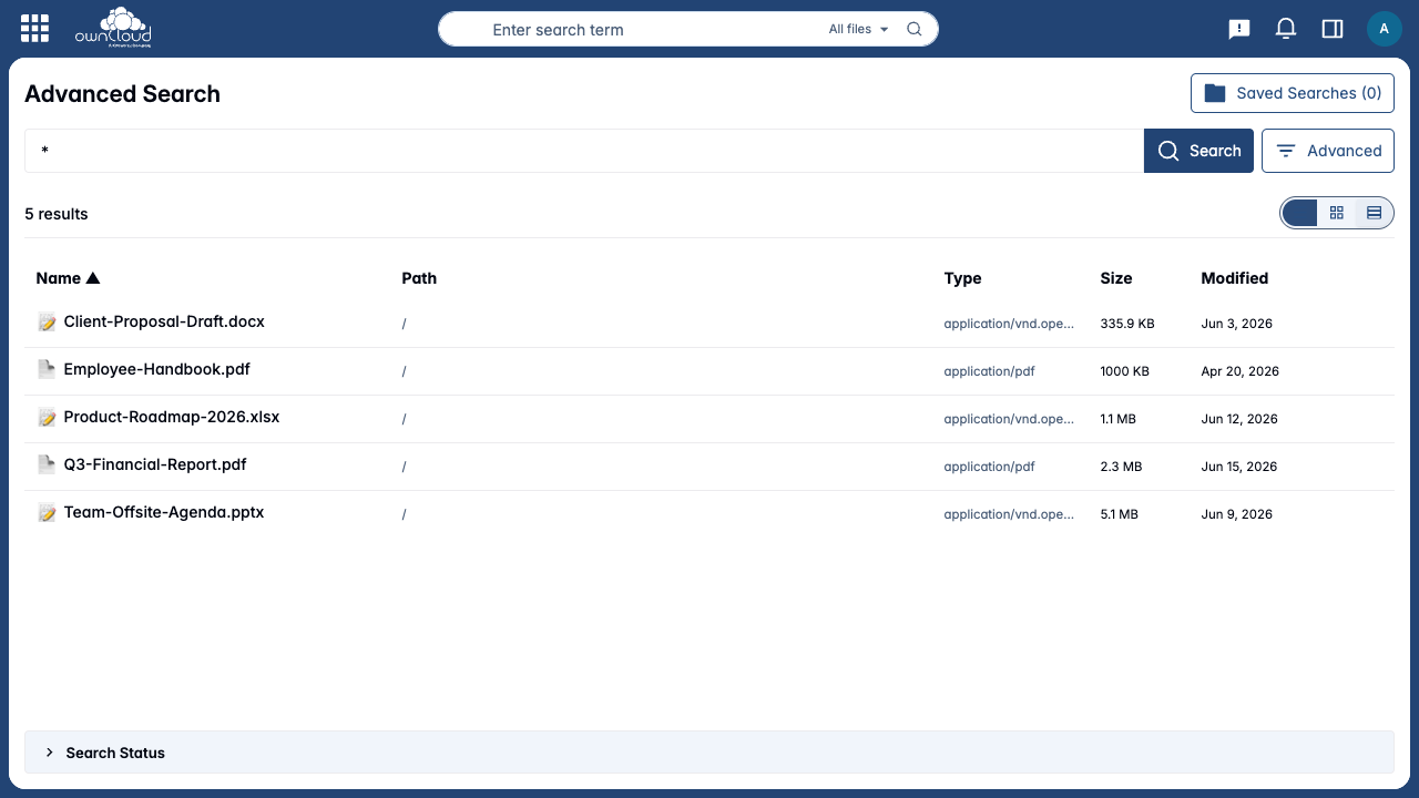 Search results for everyday documents are displayed in a sortable table