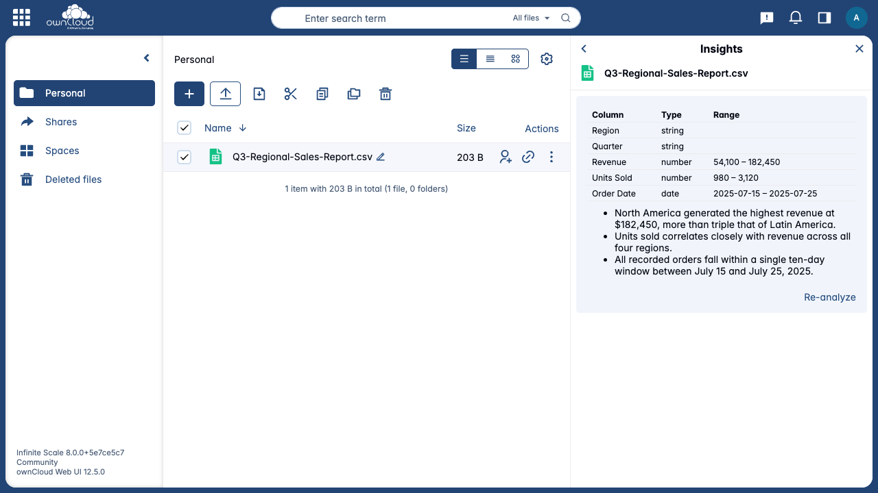 AI-generated column types, value ranges, and observations for a sales report