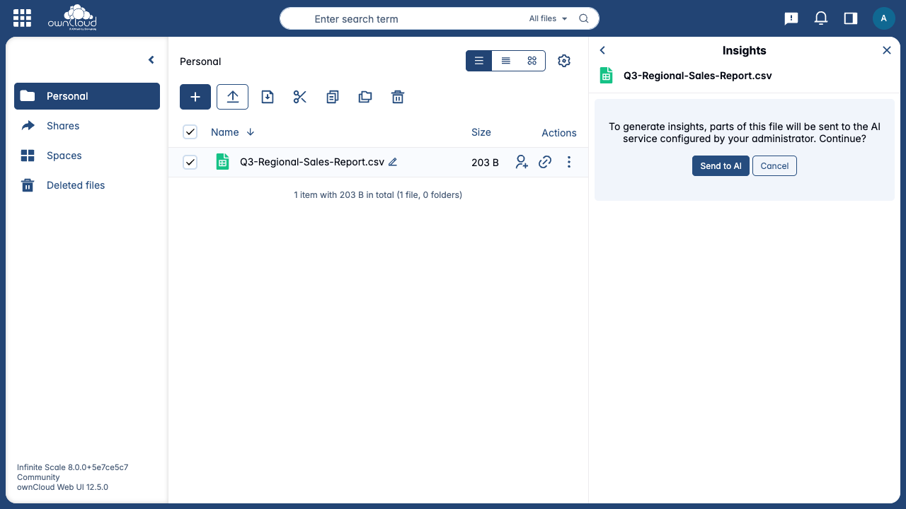 A privacy consent prompt appears before file data is sent to the AI service