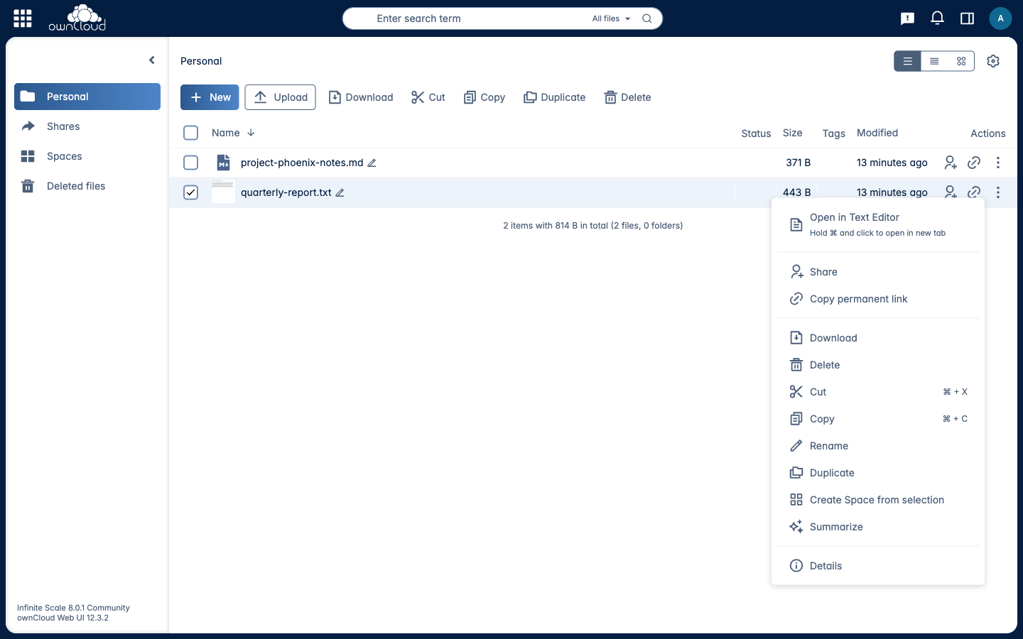 ownCloud Web user interface showing a file list with 'quarterly-report.txt' selected and its context menu open, highlighting the 'Summarize' action at the bottom.
