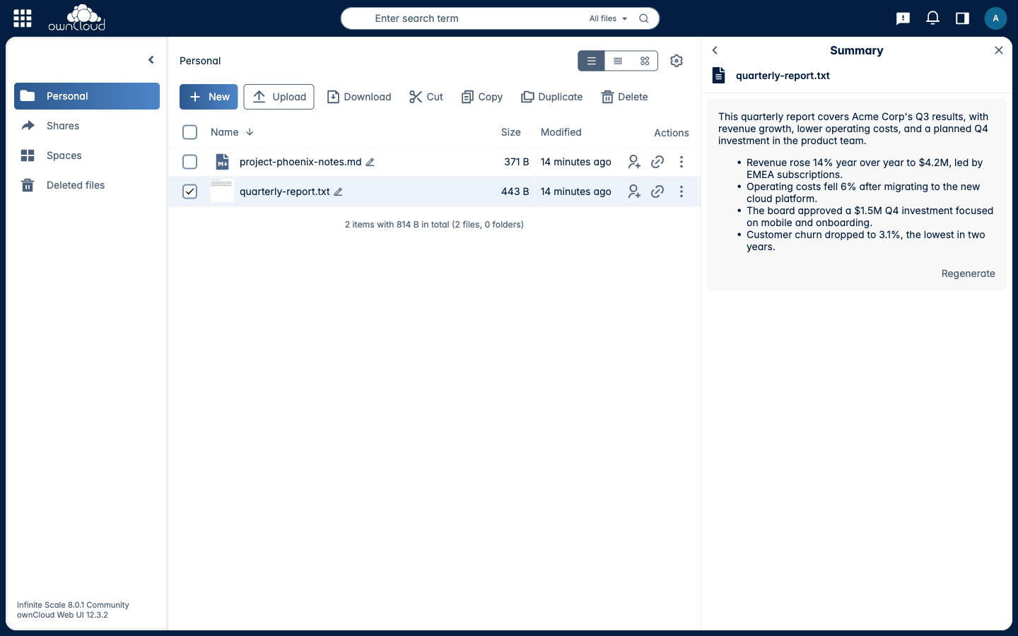 ownCloud Web interface showing a 'Summarizing document...' modal overlay with a loading animation as the AI processes the selected text file.