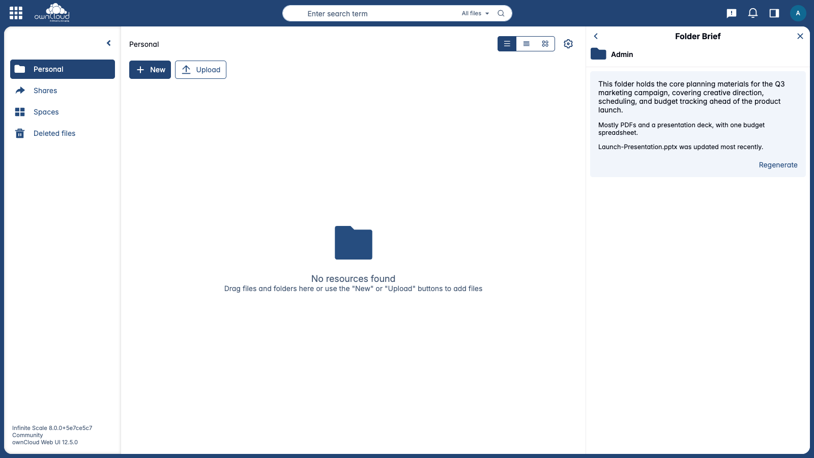 AI-generated brief summarizes a marketing campaign folder in the sidebar