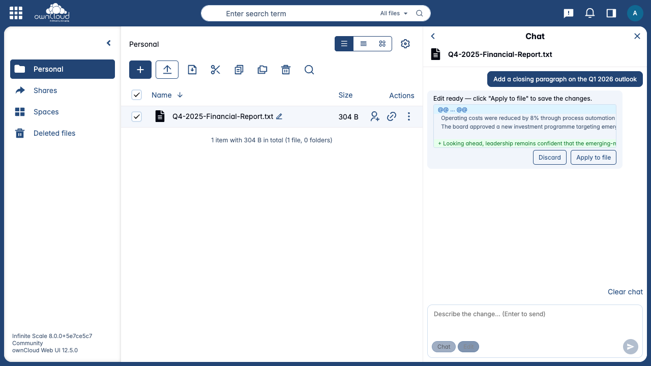 AI-proposed file edits appear as a reviewable line-by-line diff before saving