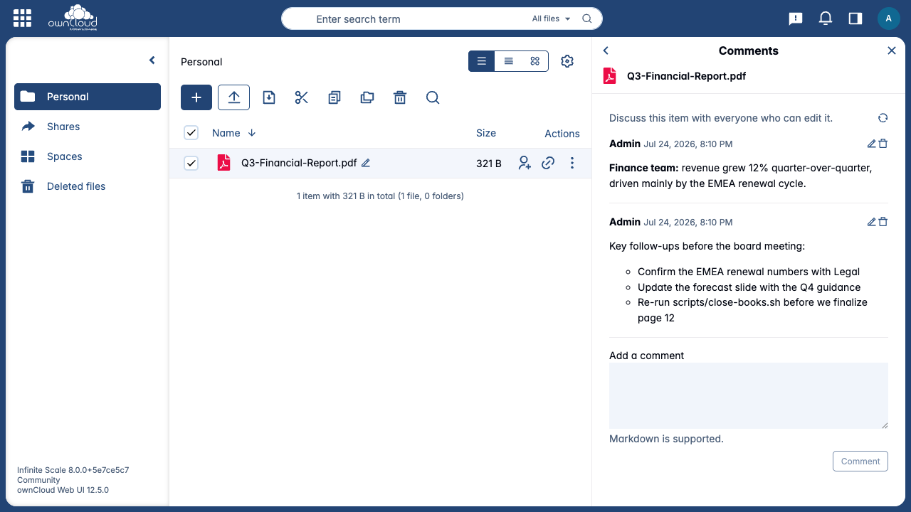 Team discussions with rich Markdown formatting appear right in the file sidebar