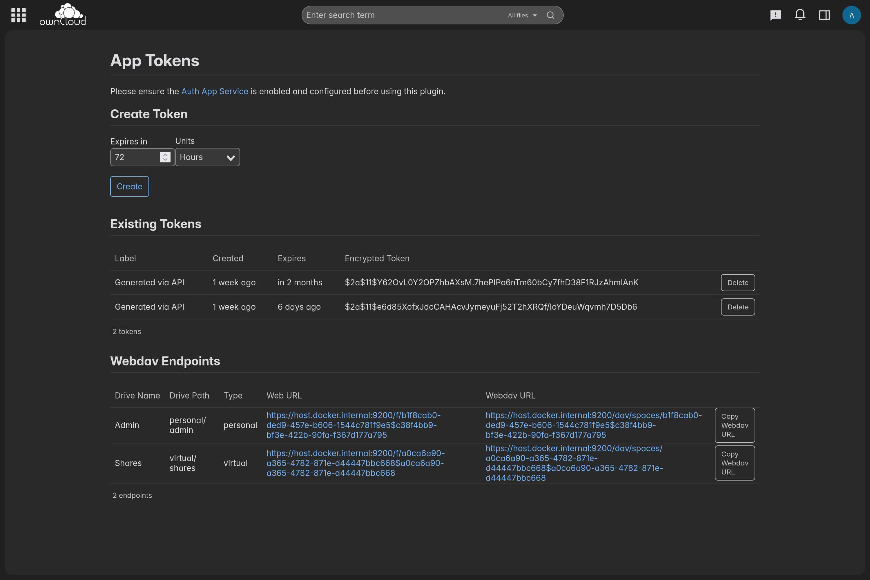 View existing App Tokens and available WebDAV endpoints.