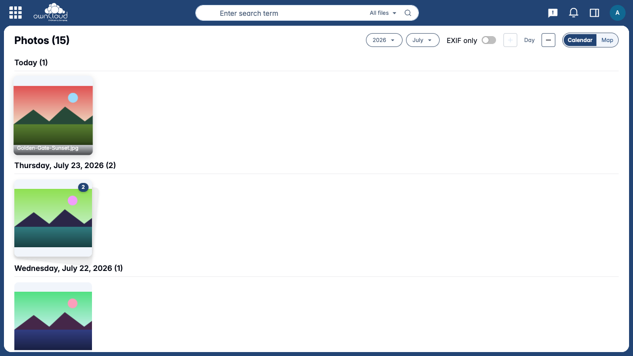 Photos organized into a scrollable calendar timeline, grouped by day