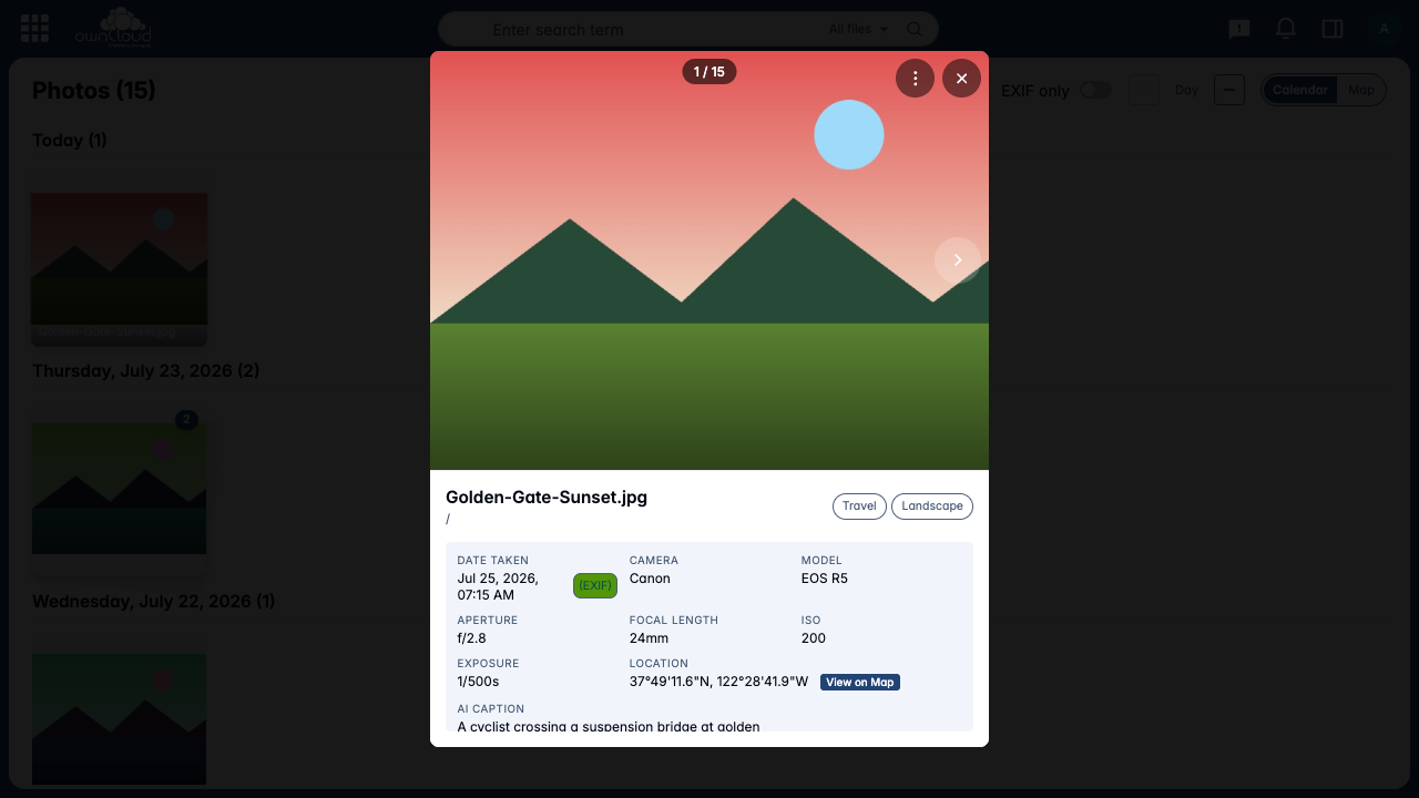 Tap any photo for full EXIF details — camera settings and GPS location