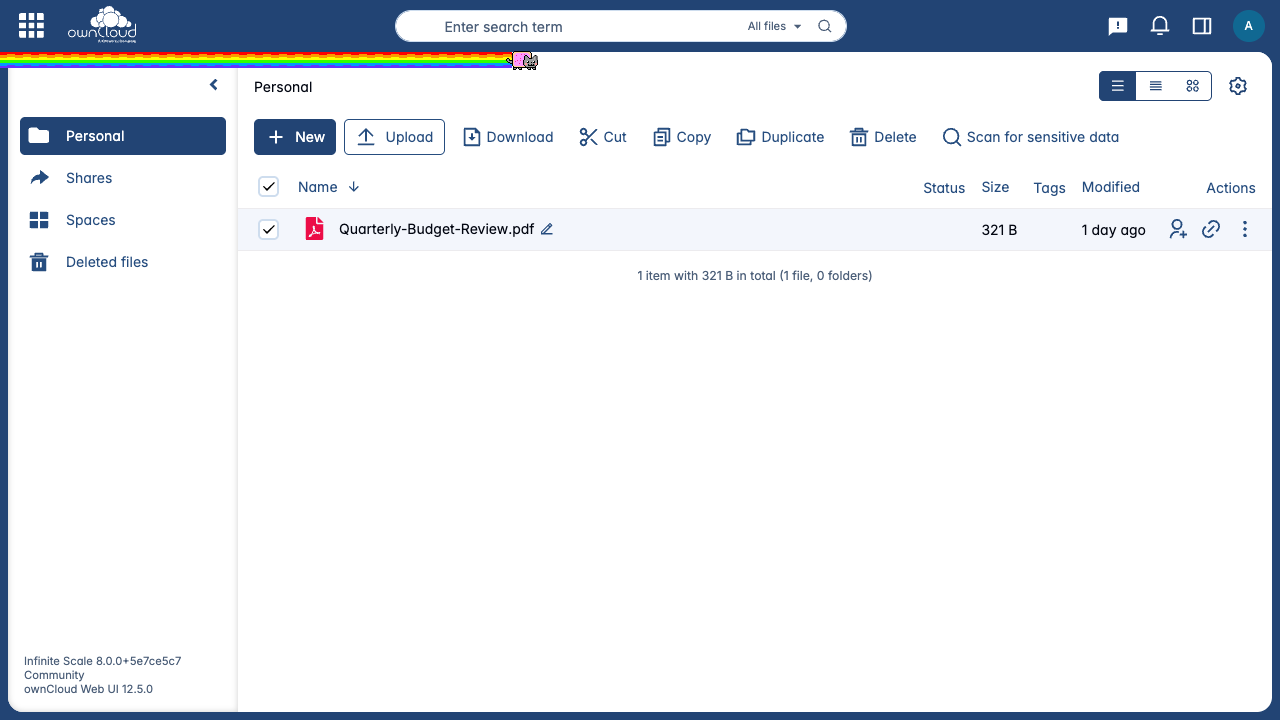 Nyan Cat races across the top bar while a file is duplicated