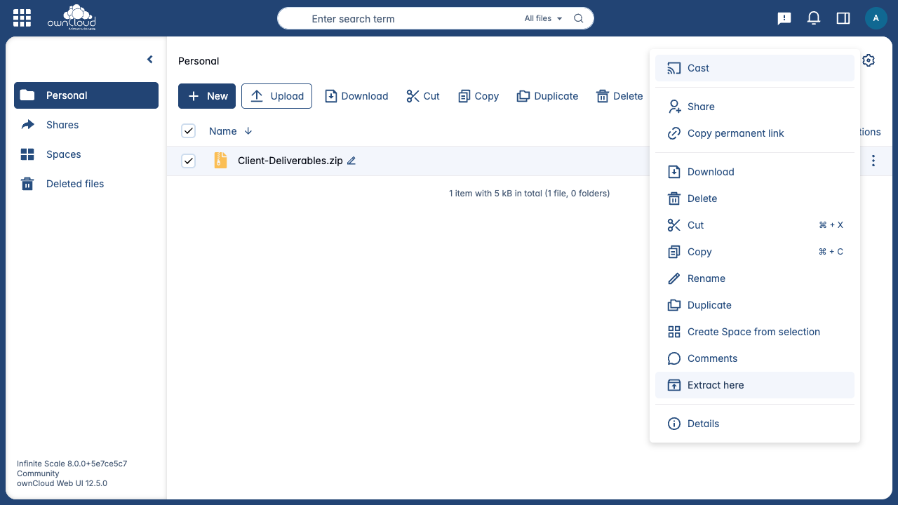 An "Extract here" action appears right in the zip archive's context menu